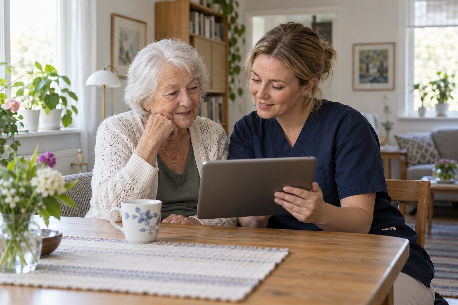 AI-genereret genrebillede af en ældre borger og en omsorgsmedarbejder med en tablet