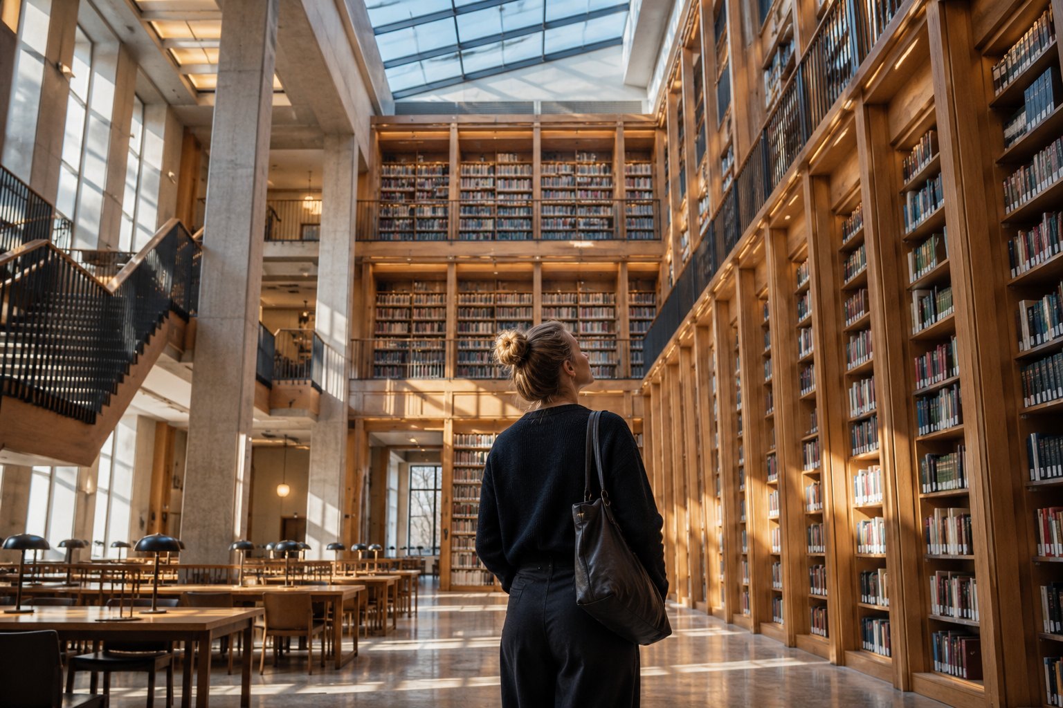 En læser blandt høje bogreoler i et lyst universitetsbibliotek