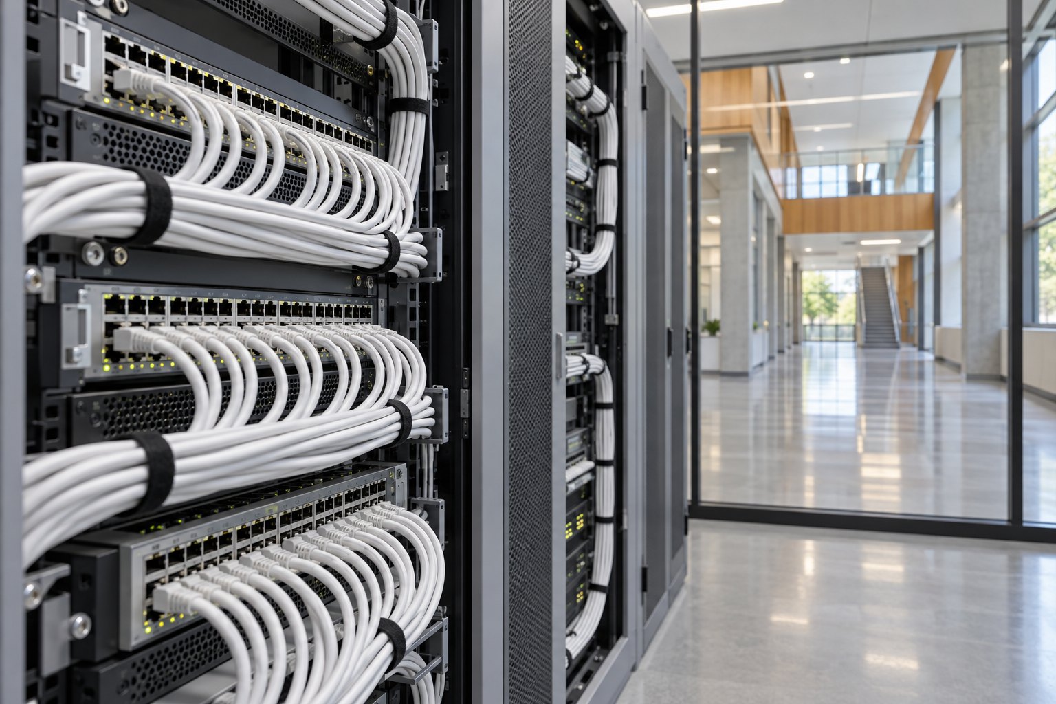 AI-genereret illustration af netværksudstyr på et universitet; ikke et foto fra et konkret cyberangreb