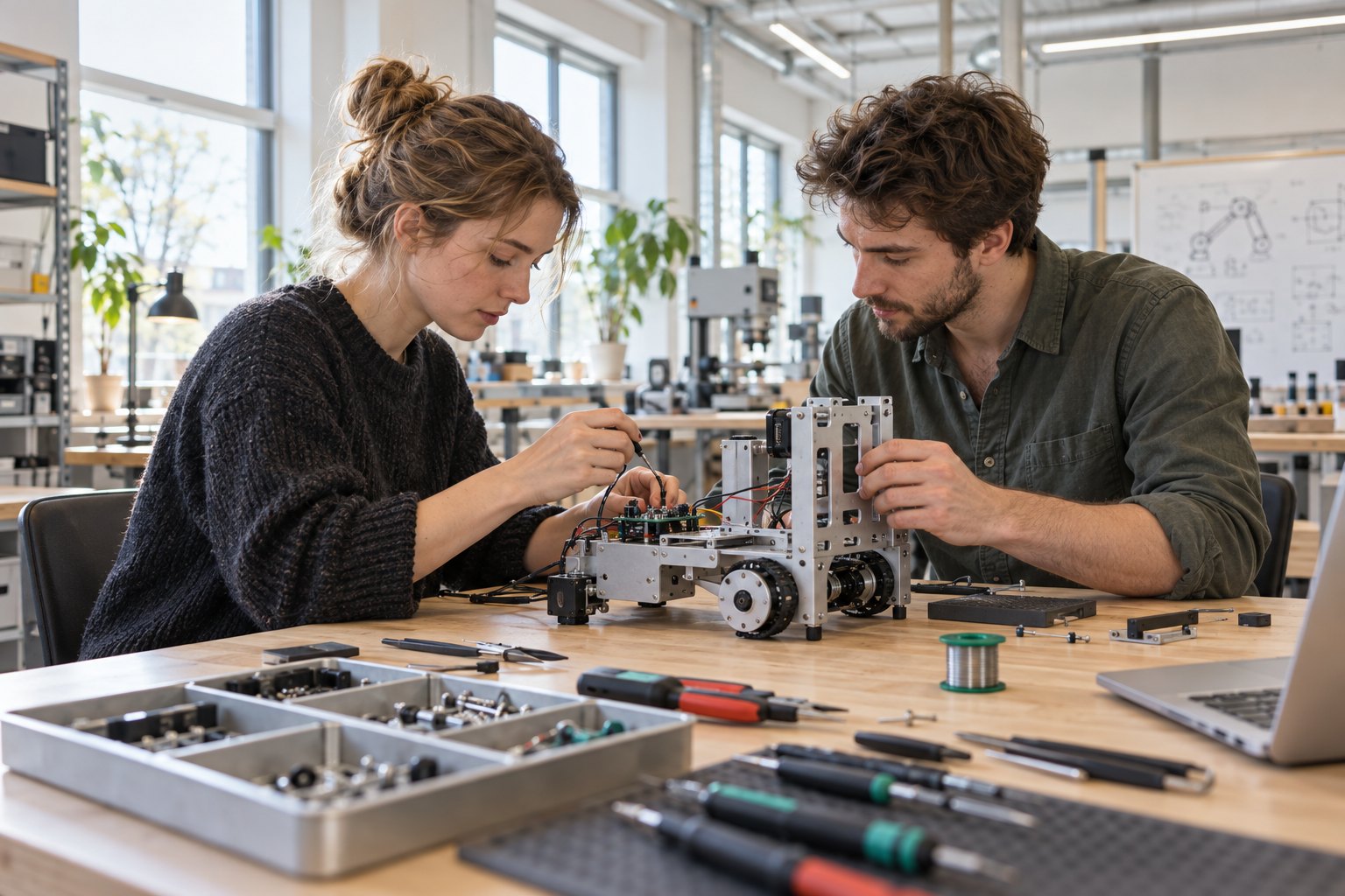 AI-genereret illustration af samarbejde om en prototype; ikke et foto fra DTU Skylab