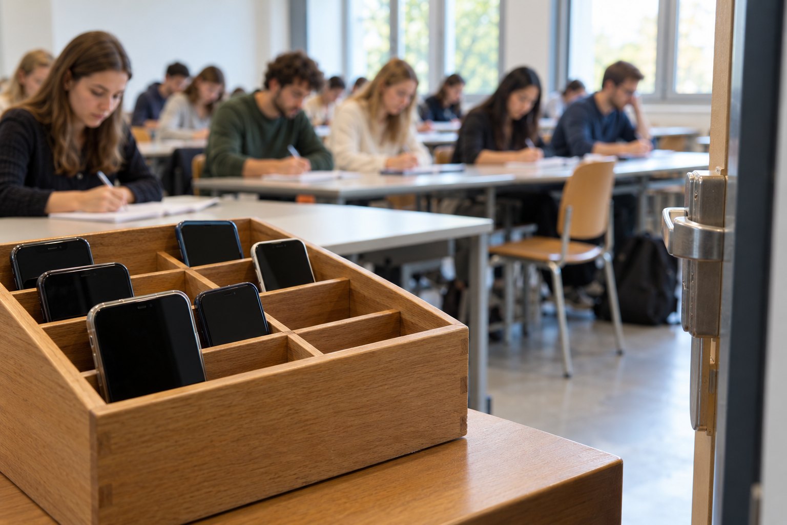 AI-genereret genrebillede af telefoner i en mobilkasse foran et undervisningslokale